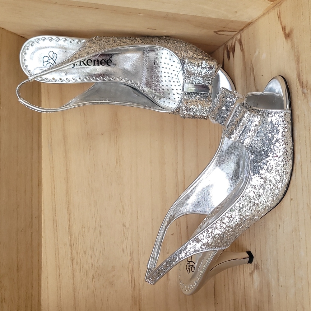 J Renee Silver Open Toe Slingback Pumps W/ Bow